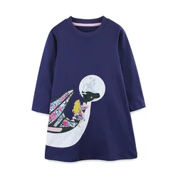 Jumping Meters 2-7T Dragon Applique Children's Girls Dresses Long Sleeve Autumn Spring Princess Baby Clothes Party Toddler Dress