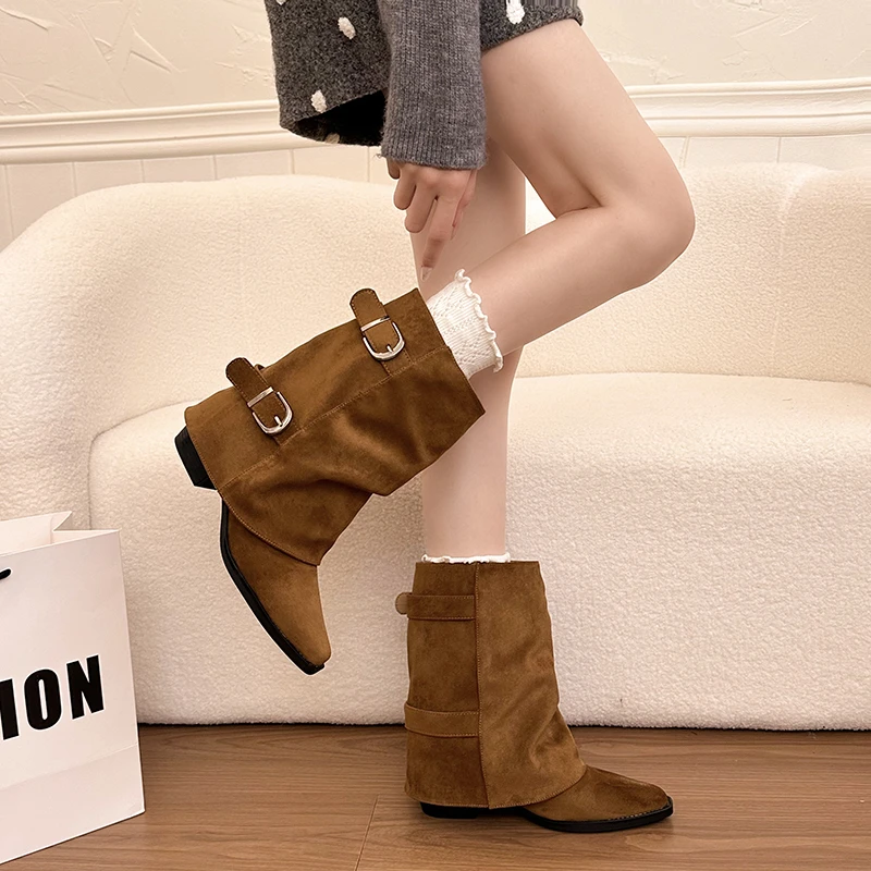 2027 Suede New Western Cowboy Stack Boots with Wrinkled Pant Legs, Short Vintage Knight Boots