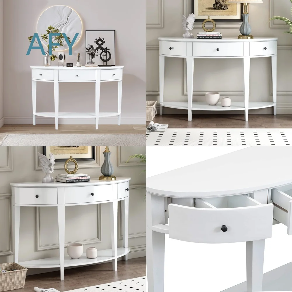 European Style Elegant Quarter Curved Porch Table Sofa Table with 3 Drawers Open Shelf for Outdoor Living Room Patio Balcony
