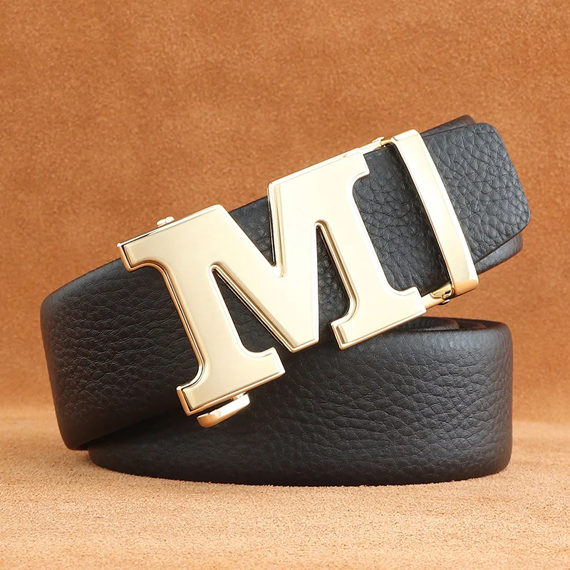 高品質レターm自動バックルベルトメンズ本革35cm幅ウエストストラップクラシックセインチュールオム