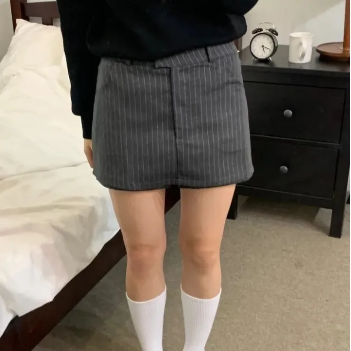 

Юбка трапециевидной формы с высокой талией для женщин, шикарная осенне-зимняя новинка, утягивающая универсальная юбка с запахом в полоску в стиле ретро