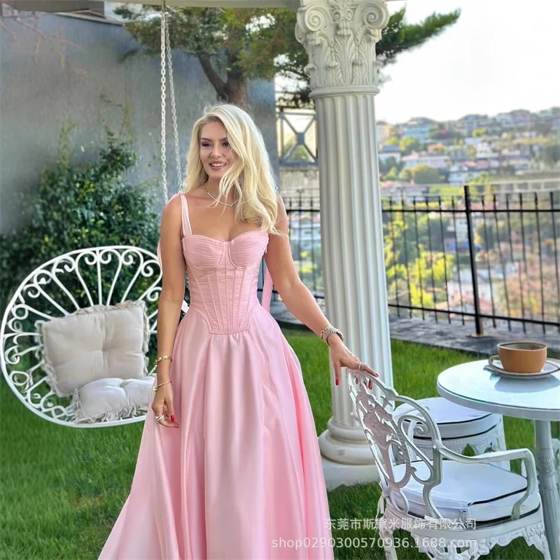 

Women's Pink Satin Corset Maxi Dress with Bow Straps and A-Line Skirt - Elegant Sexy Party Gown New Arrival In Stock​