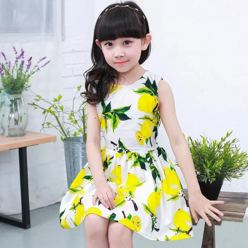 New Summer Vintage Lemon Printed Girls Dress Elegant Kids Girls Yellow Dresses Lemon Print Dress Sleeveless Baby Clothing 4-13 T