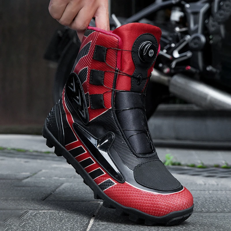 Lexsan Men's Leather Motorcycle Boots Anti-Slip Wear-Resistant Breathable Ankle Length Motorbike Racing Shoes for Riders