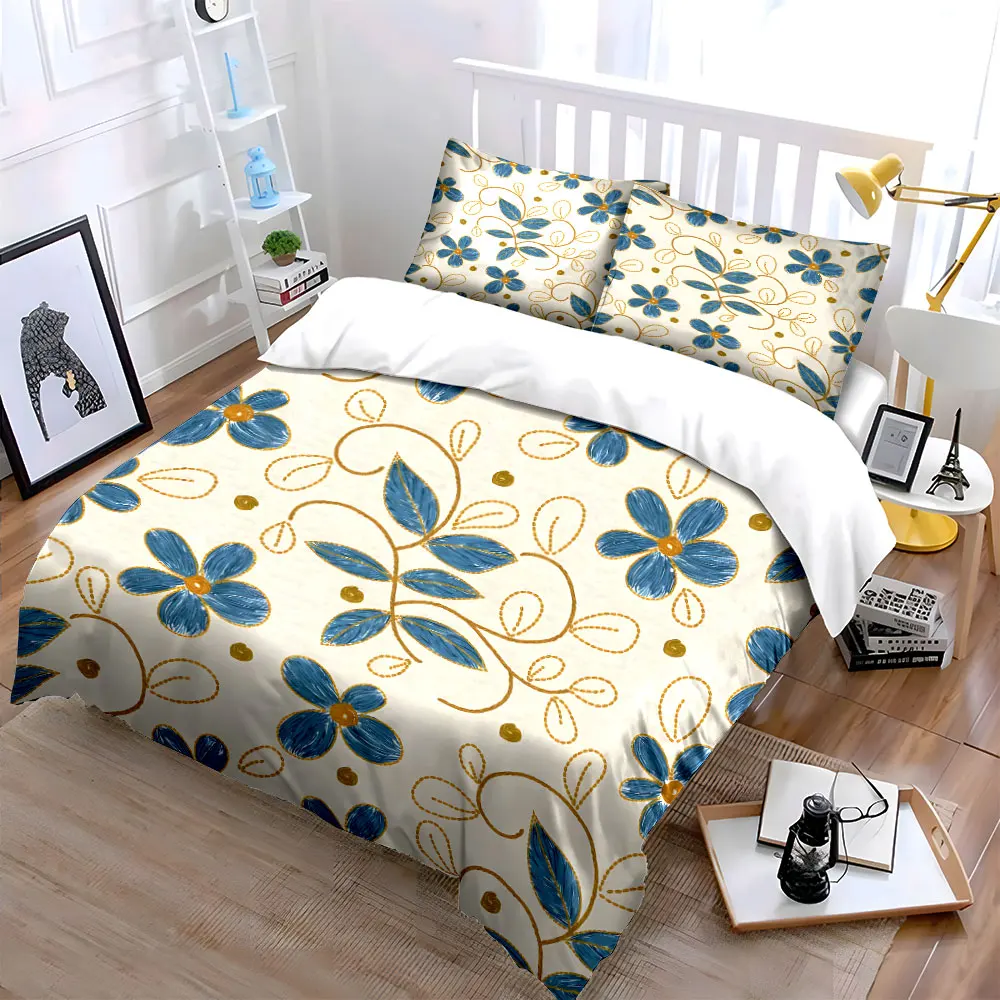 Hand-drawn blue flowers and golden branches Print Soft Comfortable Duvet Cover Bedding Set Included 1*Duvet Cover 2*Pillowcases