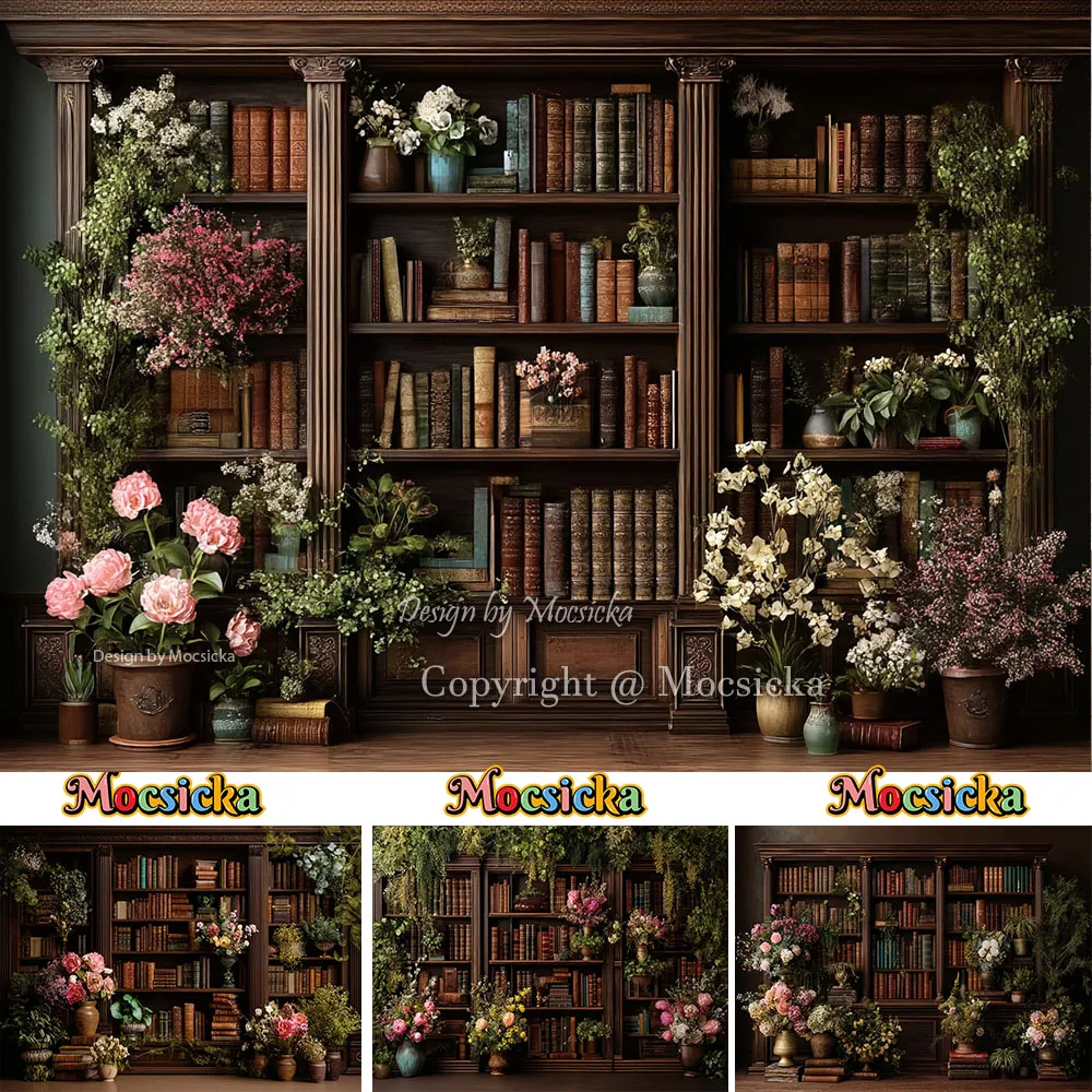 Mocsicka Vintage Library Bookshelf Backdrop Photography Mother's Day Floral and Greenery Background Kid Portrait Photo Studio