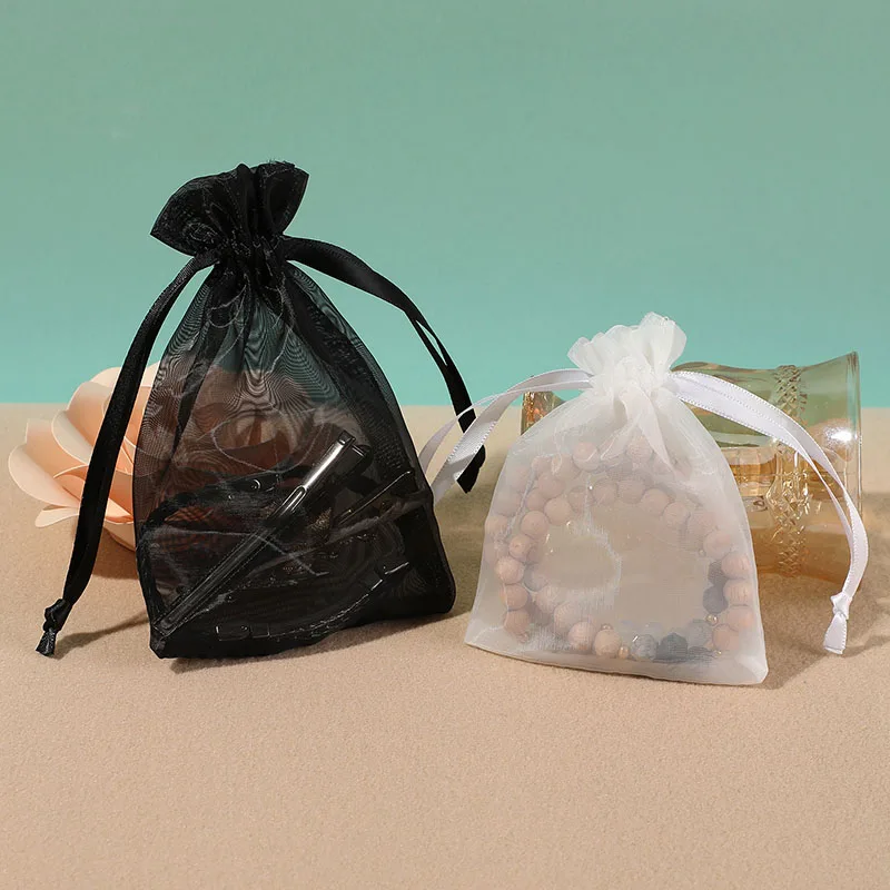 100pcs/lot 7x9 9x12 10x15cm 50-screw Thickened Organza Drawstring Bags Black & White Wedding Candy Gift Packaging Pouches