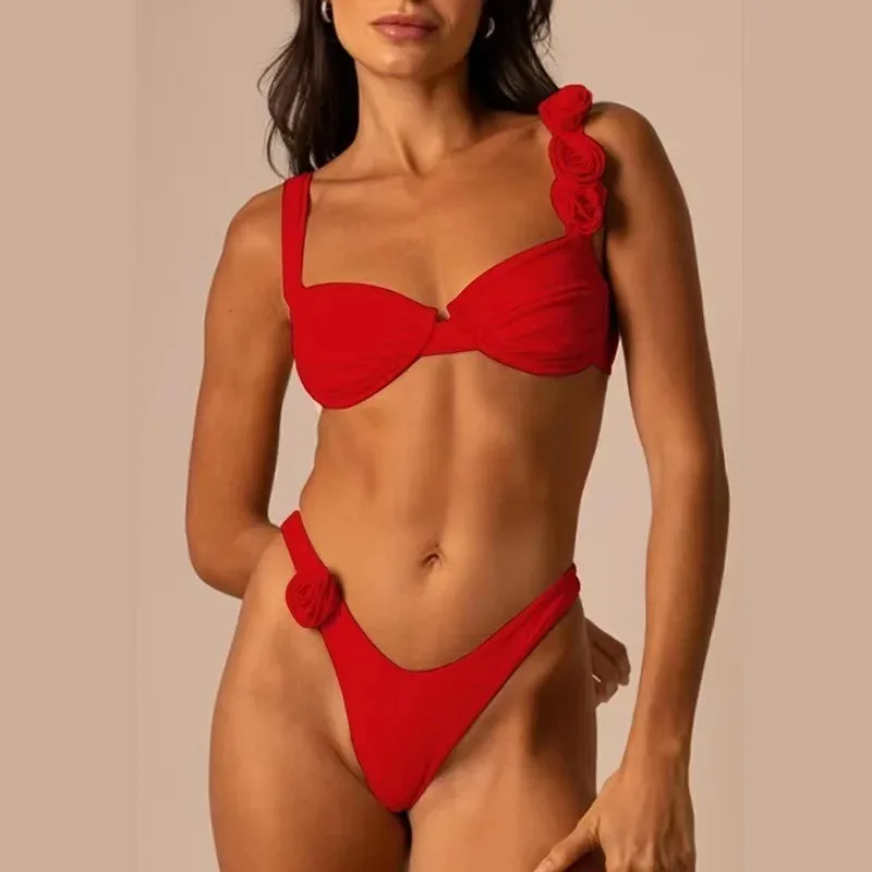 

Sexy Brazilian Triangle Bikinis Set 3D Flowers Two-pieces Bathing Suit Swimsuits Solid Color Ruched Summer Beachwear