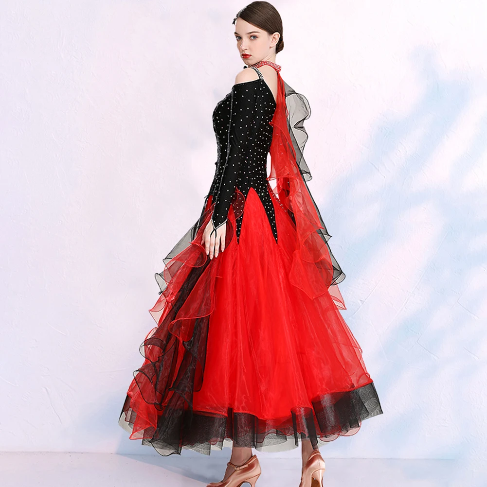 فستان رقص الفالس بأكمام طويلة، فستان أحمر أصفر، شريط، فستان رقص قاعة الرقص، فستان أزرق بحيرة للحفلات الراقصة عالي الجودة