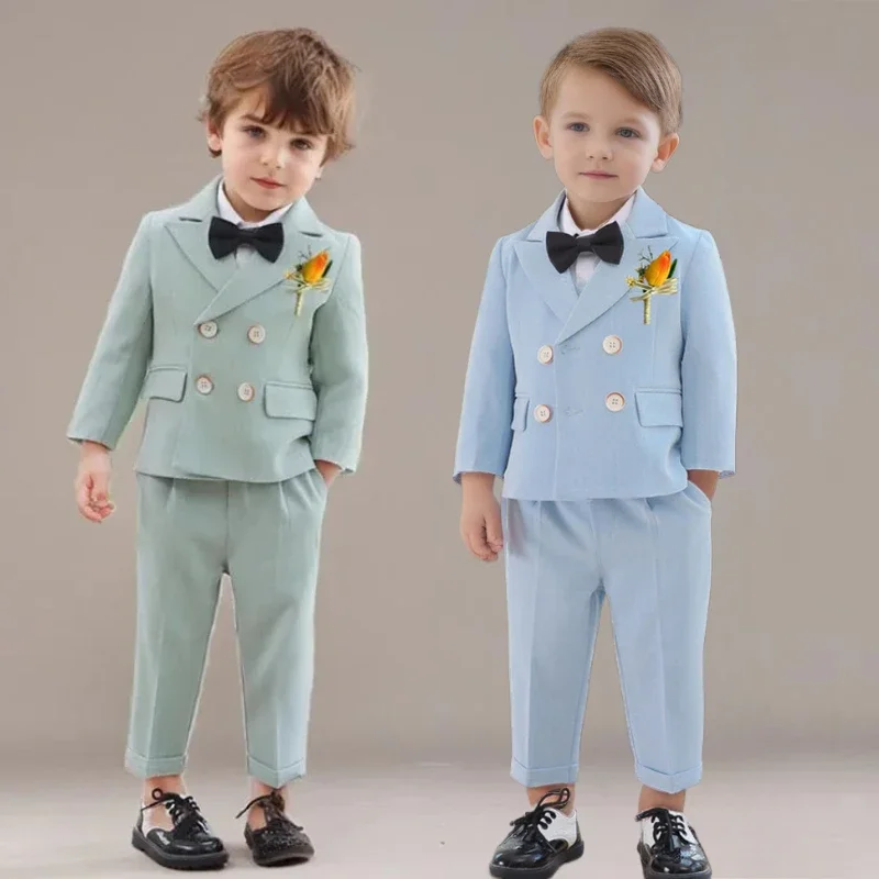 

Boys Suits 4yrs To 12yrs for Wedding Blue Green Pink Elegant Double Breasted Blazer Set Children Host Piano Performance Costume