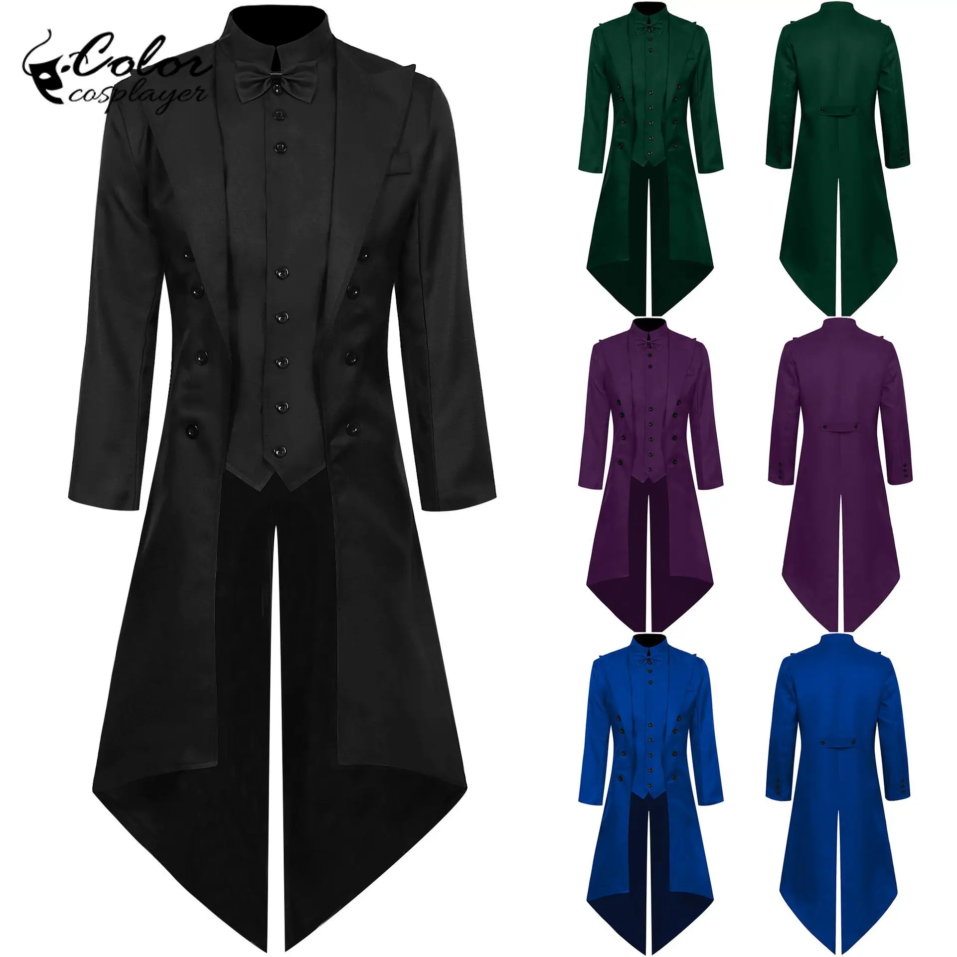 Color Cosplayer Medieval Tuxedo Men Retro Cosplay Costume Mid-Length Slim-Fit Tailcoat Stage Drama Performance Outfit Carnival
