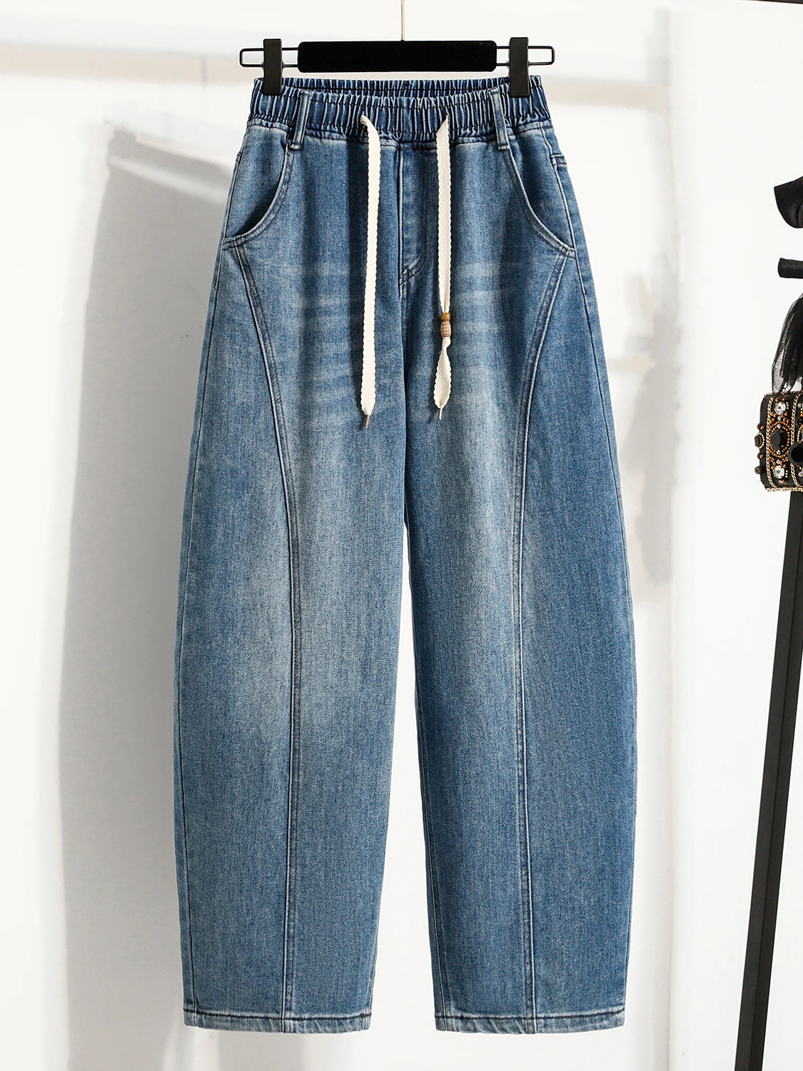 

Винтажные широкие джинсы Waed с эластичным поясом, пэчворк, повседневные, стройнящие, больших размеров, женские, модные, из смесового хлопка