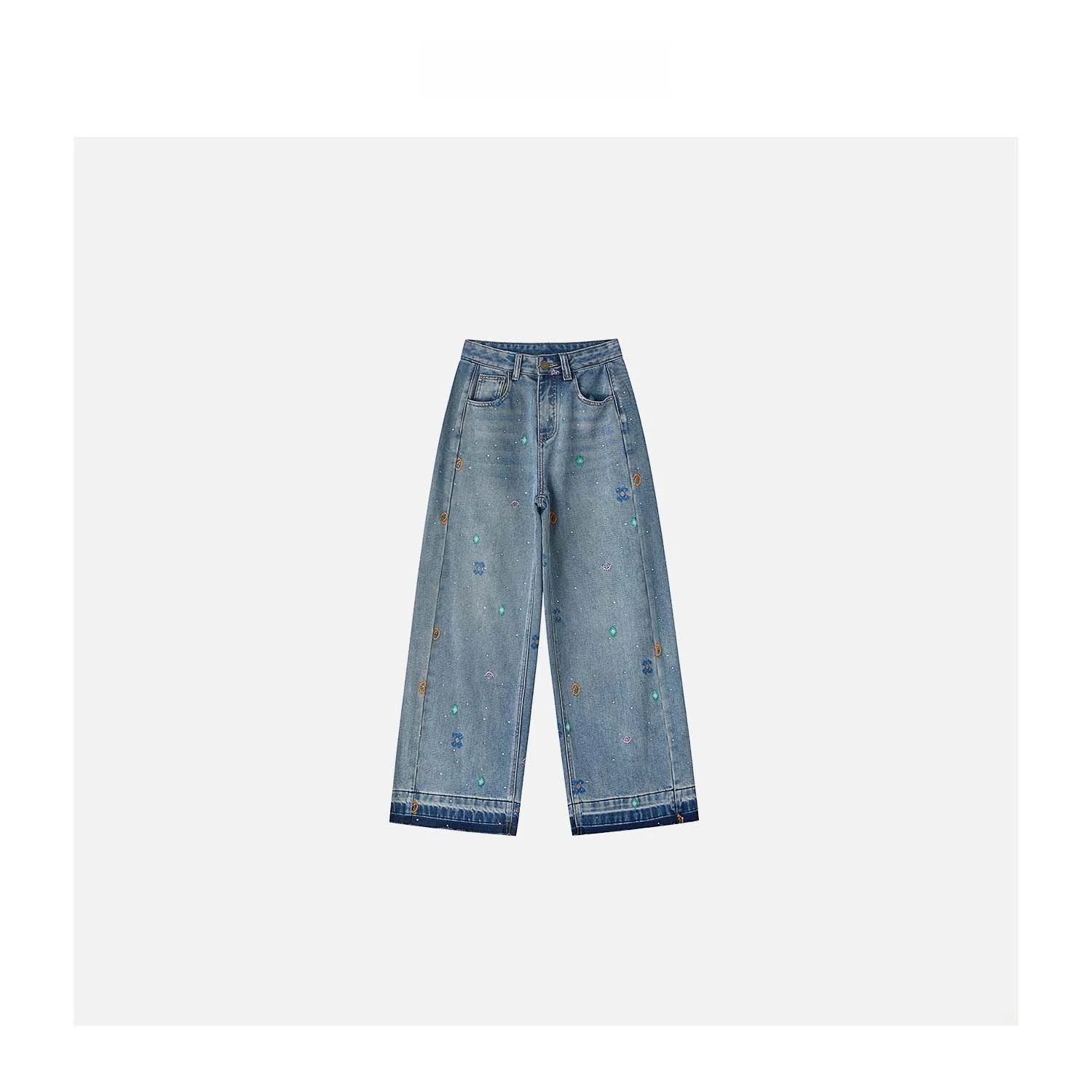 

JINGJING2025 New " fiti" Embroidered iny Diamond Frayed Design Velvet Wide Leg Jeans Women's Faion Casual Pants