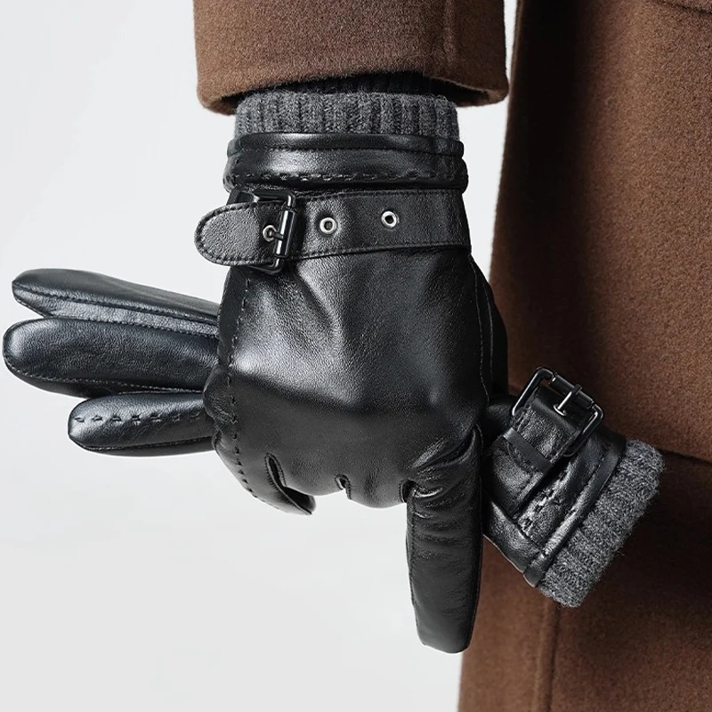 Winter Genuine Sheepskin Leather Gloves for Men, Touchscreen Texting Warm Cashmere Lined Gloves for Driving