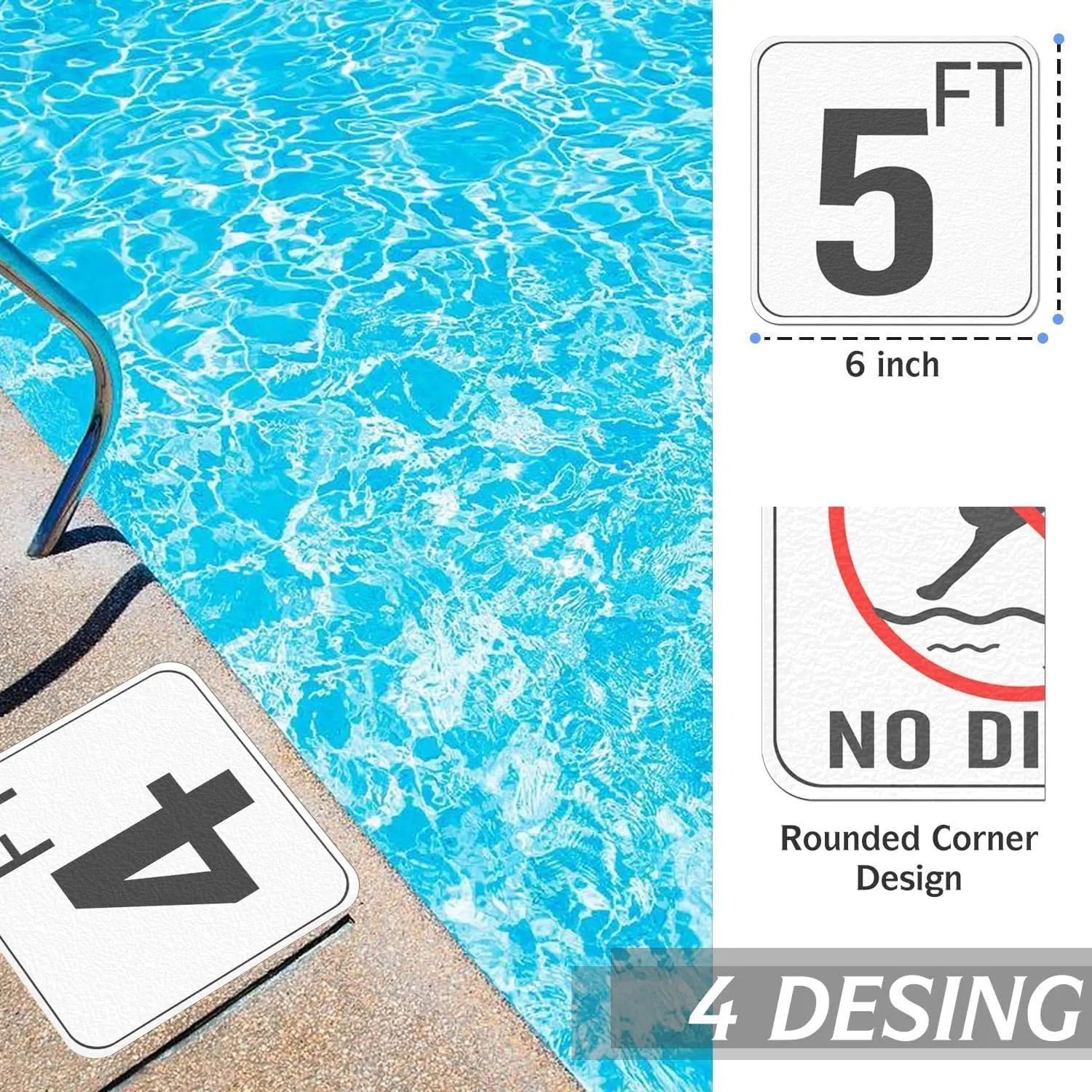 

Набор из 4 знаков для бассейна: маркеры глубины 3, 4, 5 футов, виниловые таблички «Не прыгать в бассейн» (6 дюймов)