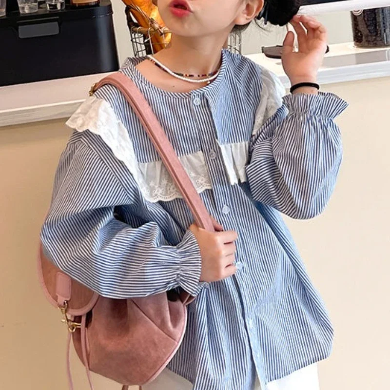 

Girls' Striped Shirt 2025 Spring and Autumn New Style Temperament Lace Collar Forest Style Top Trendy