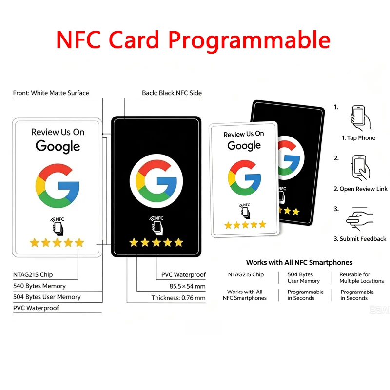 1-200Pcs Black** Premium Wear‑Resistant Matte Finish Reusable Google Review Tap NFC Card Programmable NFC Tap Card User‑Friendly