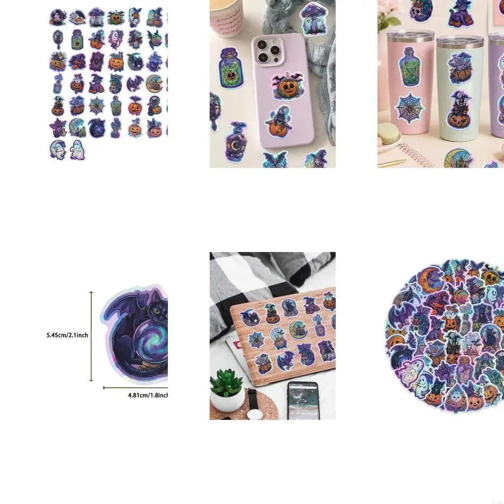 Spooky Season Reflective Sticker Set with 50 Die-Cut Pumpkins, Phantoms, Bats, Witches and More for Decorating Phones, K1KF