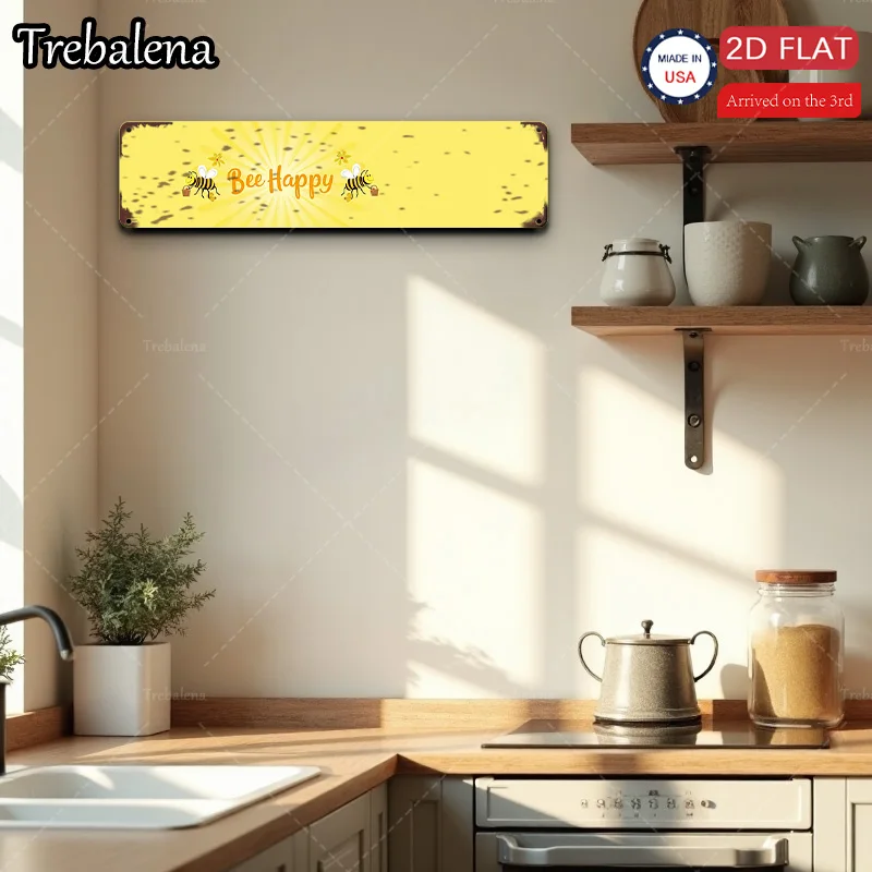 قطعة واحدة من لافتة معدنية، مقاس 4 × 16 بوصة "فن حائط مسطح Be Happy 2D، ديكور مزرعة ريفي للمطبخ أو غرفة المعيشة" #2