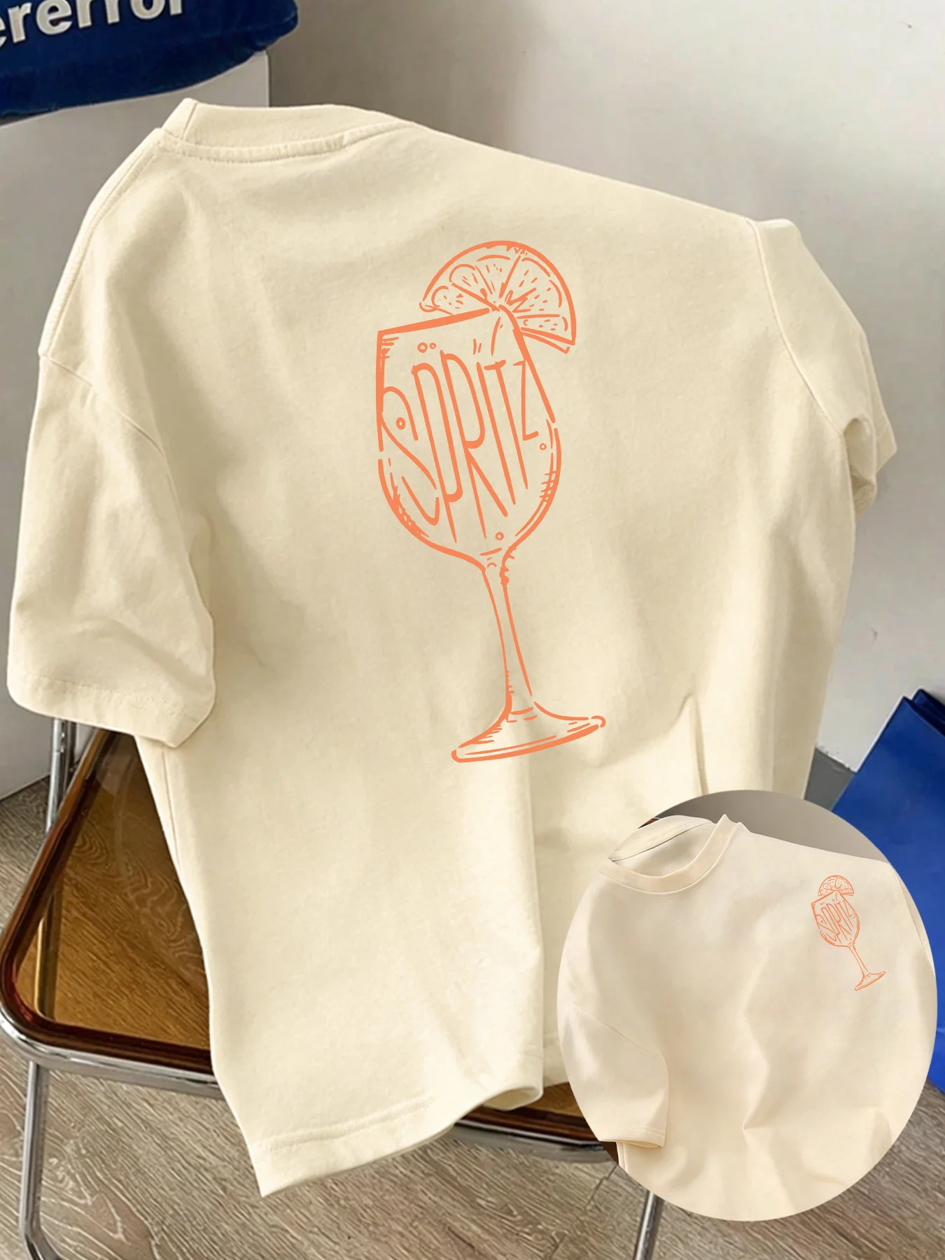 Retro Cocktail Glass Print T-shirt Unisex Soft Cotton Summer Vacation Wine Lover Minimal Back Print Fashion Tops
