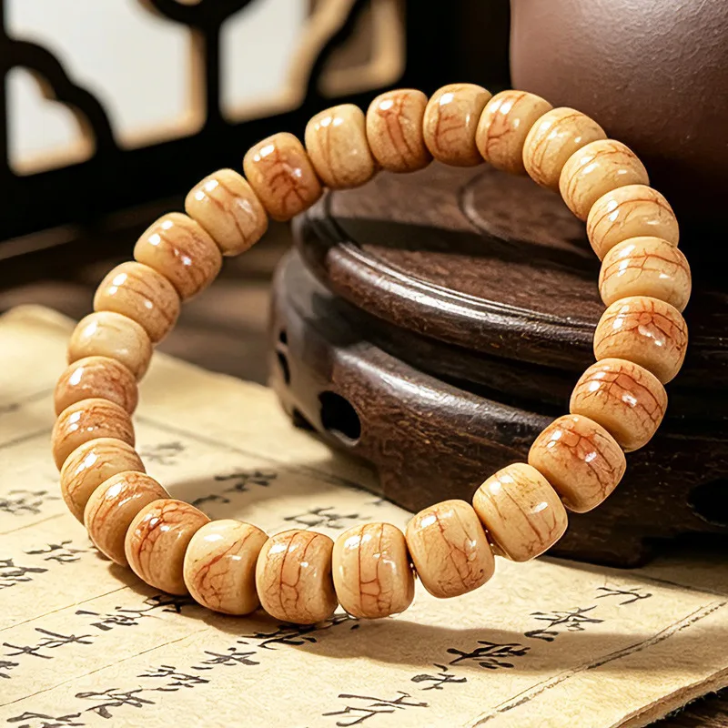 Blood-stained yak 8x10 Tibetan-style Buddhist pink cracked cow bone barrel bead bracelet necklace