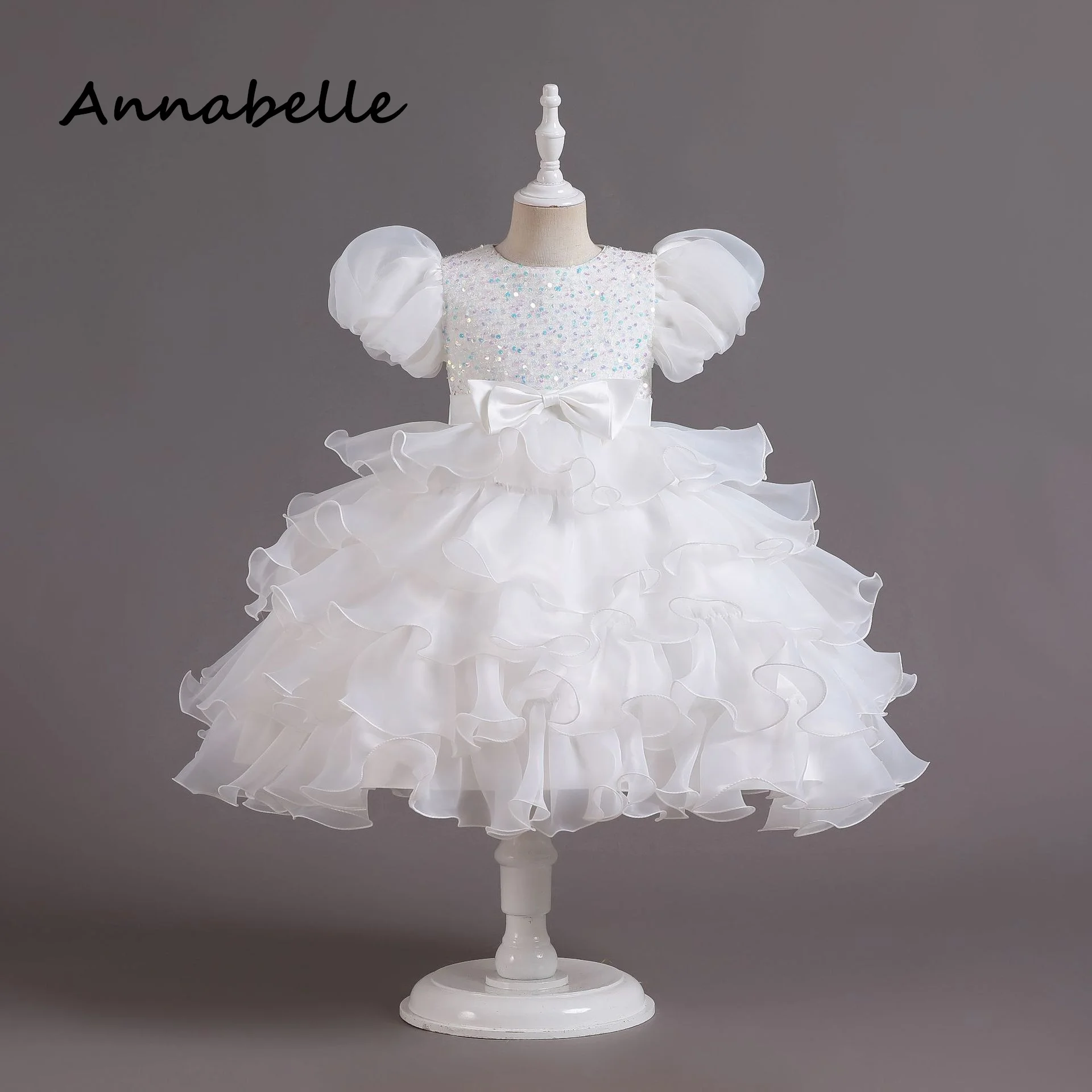 Annabelle Flower Girl Bridesmaid Bow Dress For Weddings Birthday Party Kids Lace Puffy Luxury Elegant Christmas Princess Dresses