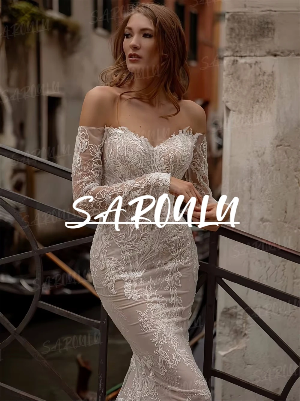 

Classy Lace Mermaid Wedding Dresses for Women 2025 Off the Shoulder Full Sleeves Long Bride Dress with Sweep Train Customized