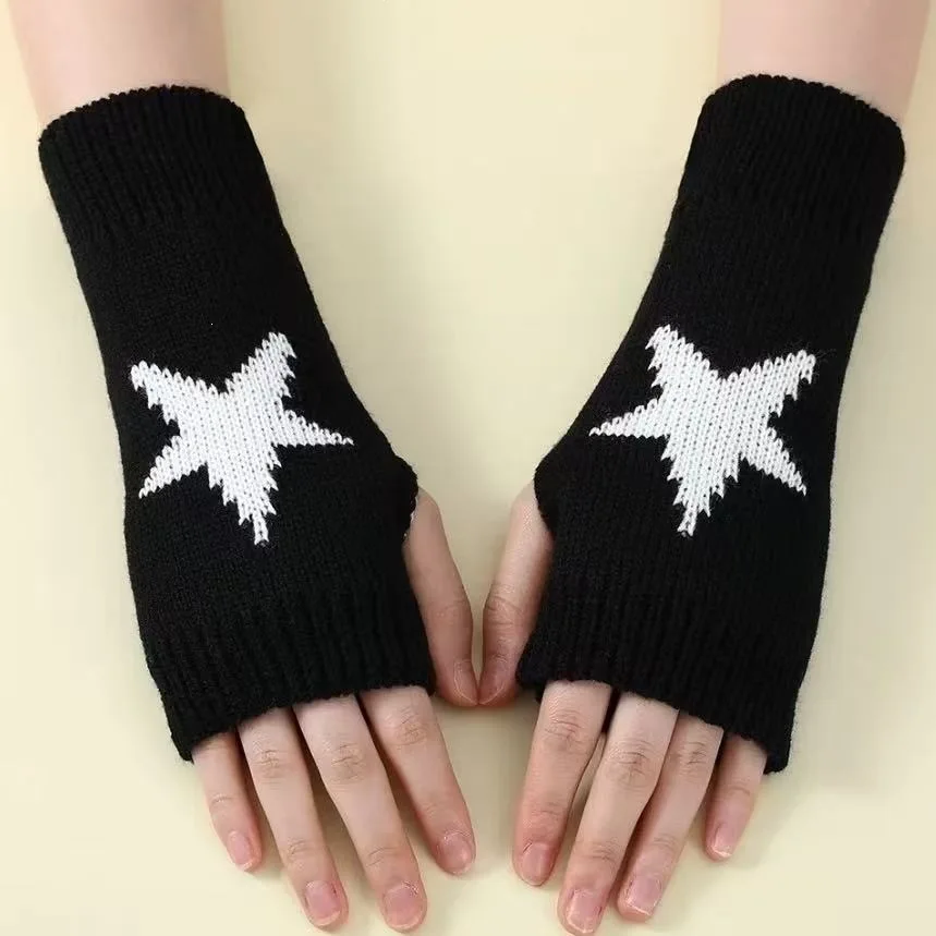 1 Pair of Star Patterned Knitted Half Finger Gloves for Autumn and Winter Warmth, Fashion, Versatile, and Flexible Fingertips