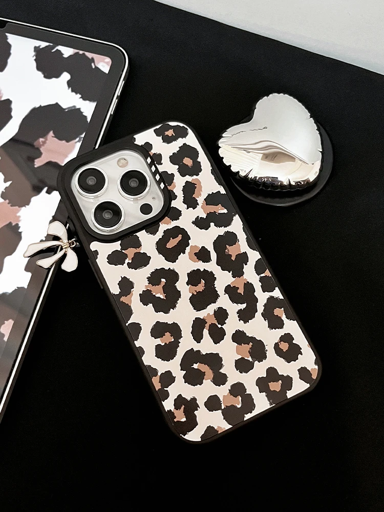 For iPhone 15 1413 Pro Max Plus Case Leopard  Print with Holder Anti Scratch Shockproof Skid Durable Protection Cover