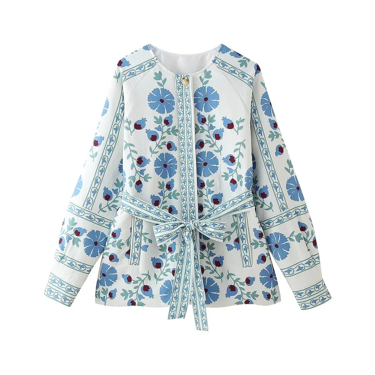 

Autumn Winter Blue Printed Lace-Up Waist Cotton Jacket European American Fashion Loose Versatile Women's Cotton Coat