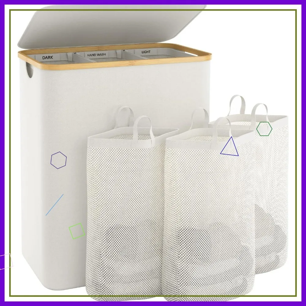 

Очень большая трехсекционная корзина для белья с крышкой и съемными сумками — вместимость 145 л для организации семейной спальни