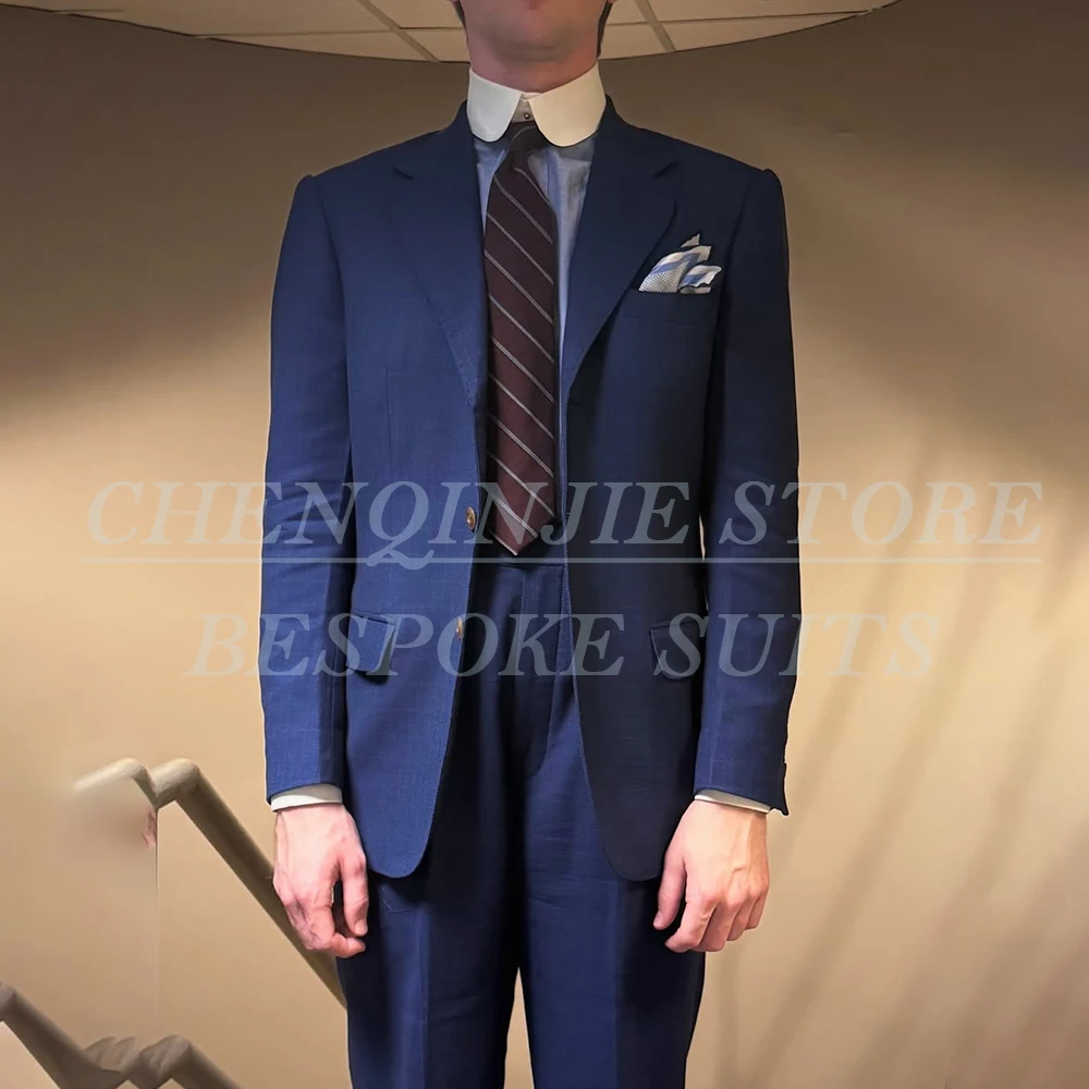 

Мужские костюмы приталенного кроя, блейзер, синий однобортный наряд с лацканами, модный деловой свадебный комплект из двух предметов, куртка, брюки, блейзер