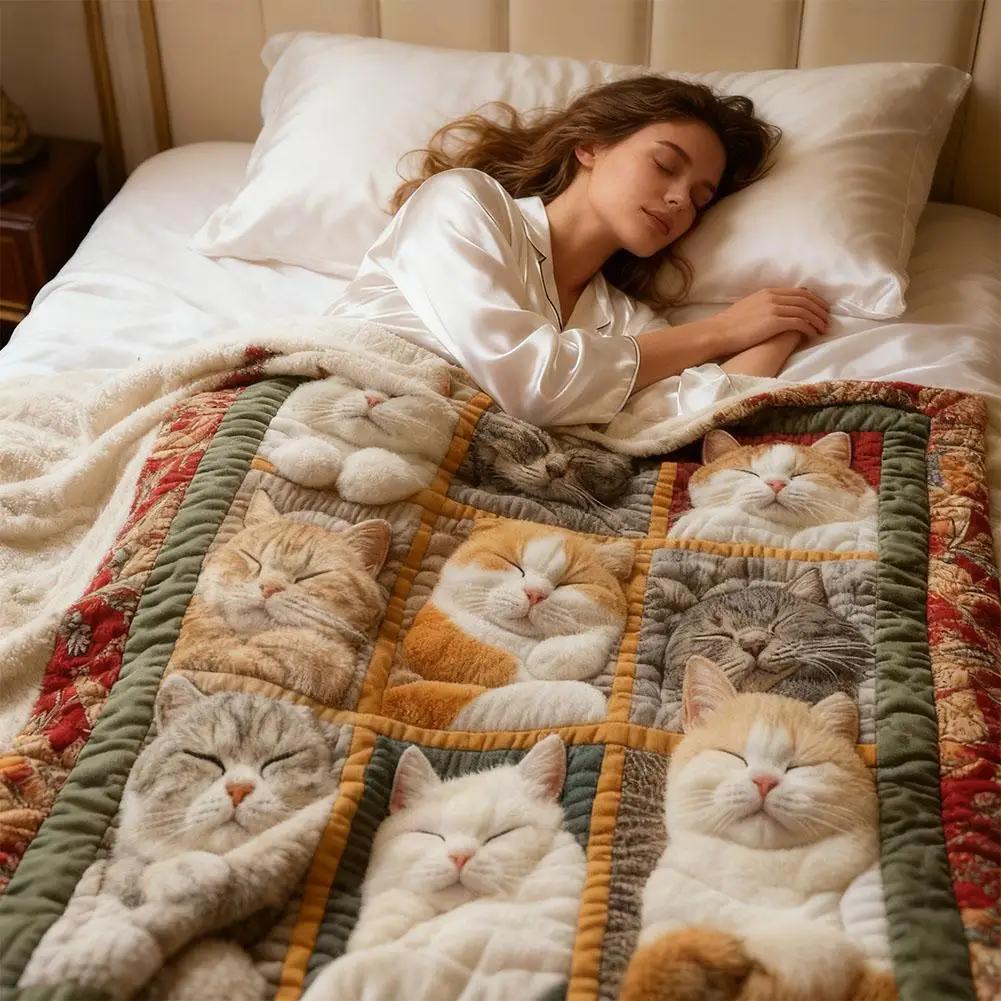Cozy Cat Lover's Blanket Bohemian Style Cat-Themed Flannel Blanket Multi-Color For Sofa Naps, Office Breaks & Christmas Decor