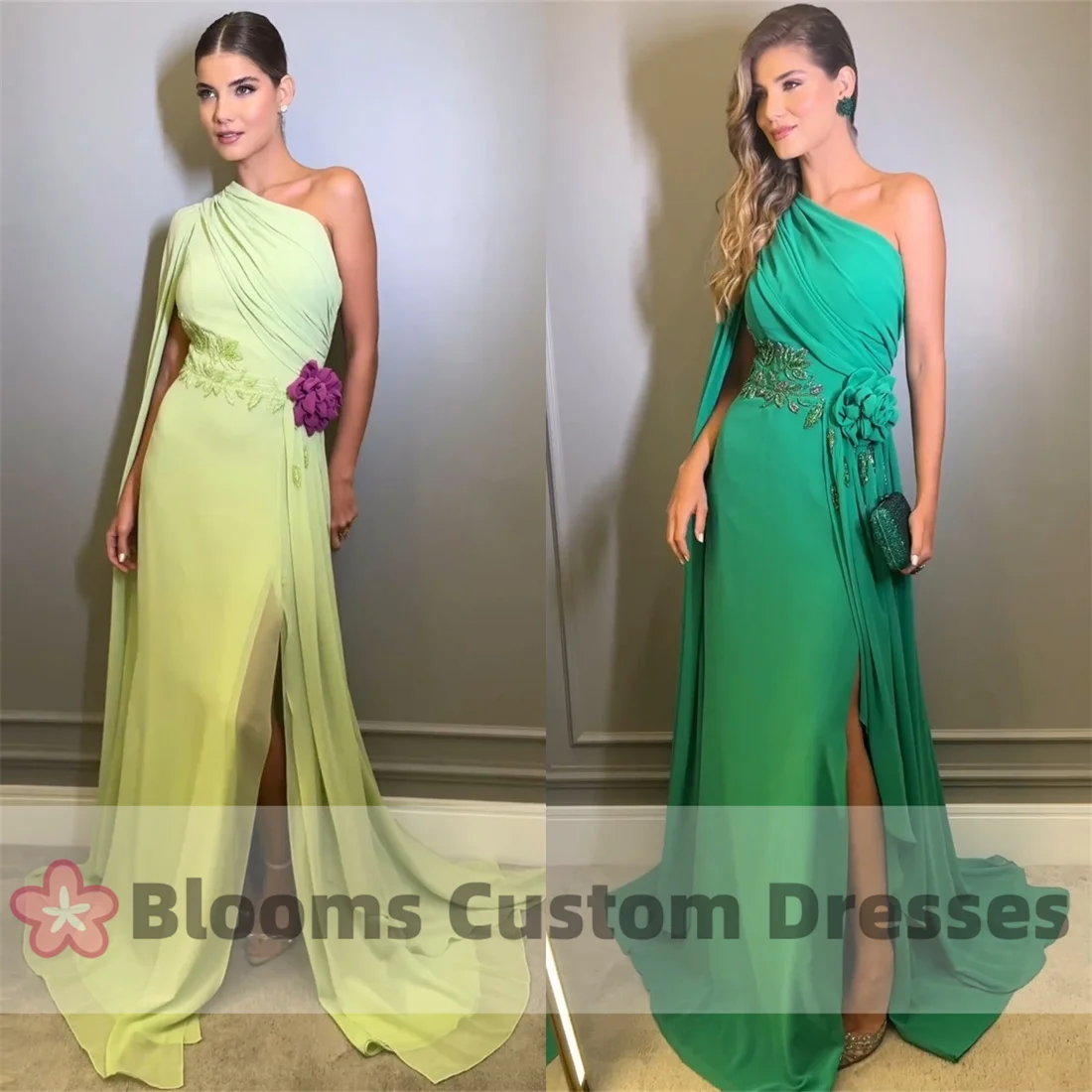 Blooms Customized Chiffon Beaded Evening Dresses Flower Side Train Formal Occasion Prom Dress Floor-Length Wedding Guest Dress