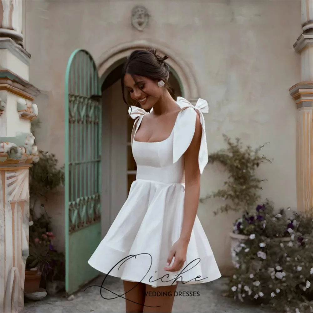 

QICHE Simple Satin Short A-Line Wedding Dresses 2026 Square Collar Spaghetti Straps Bows Party Gown Vestidos De Noiva Customized