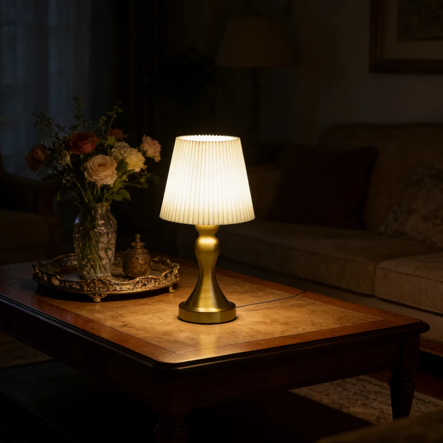 1PC Vintage Brass Table Lamp with Pleated Fabric Shade, Classic Curved Metal Base Bedside Lamp for Living Room Bedroom
