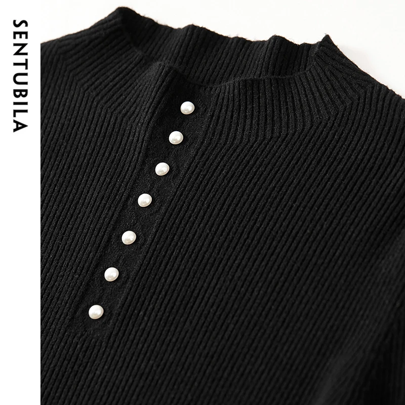 SNTUBILA Slim Fit Dzianinowe Wełniane Pulowery Dla Kobiet 2024 Jesień Mock Neck Długi Rękaw Pearl Cup Solid Basic Women Tops W43E57250