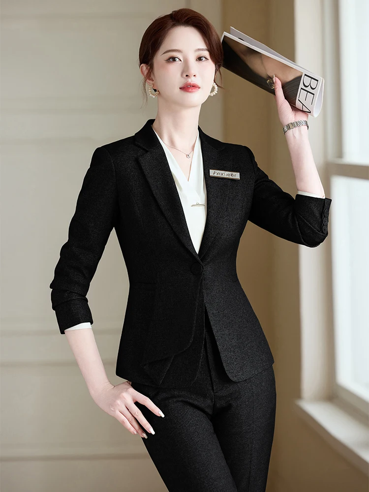 Completo da donna con pantalone da ufficio grigio nero da donna, set da 2 pezzi, giacca e pantaloni formali