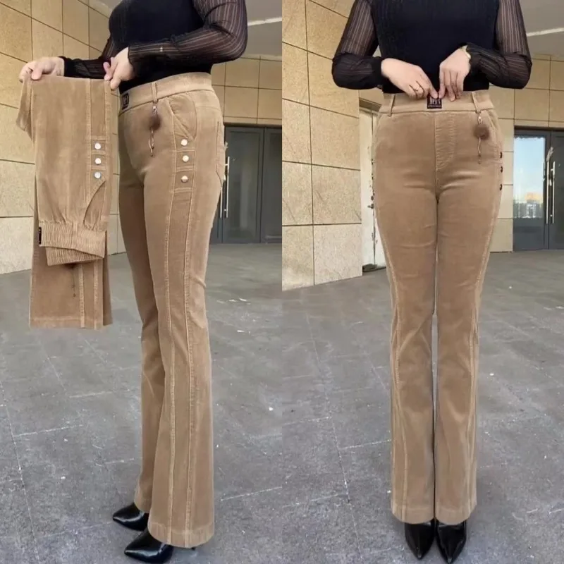 Women's Autumn and Winter New Fashion Solid Color Pocket Korean Edition Versatile Loose High Waist Elastic Corduroy Flare Pants