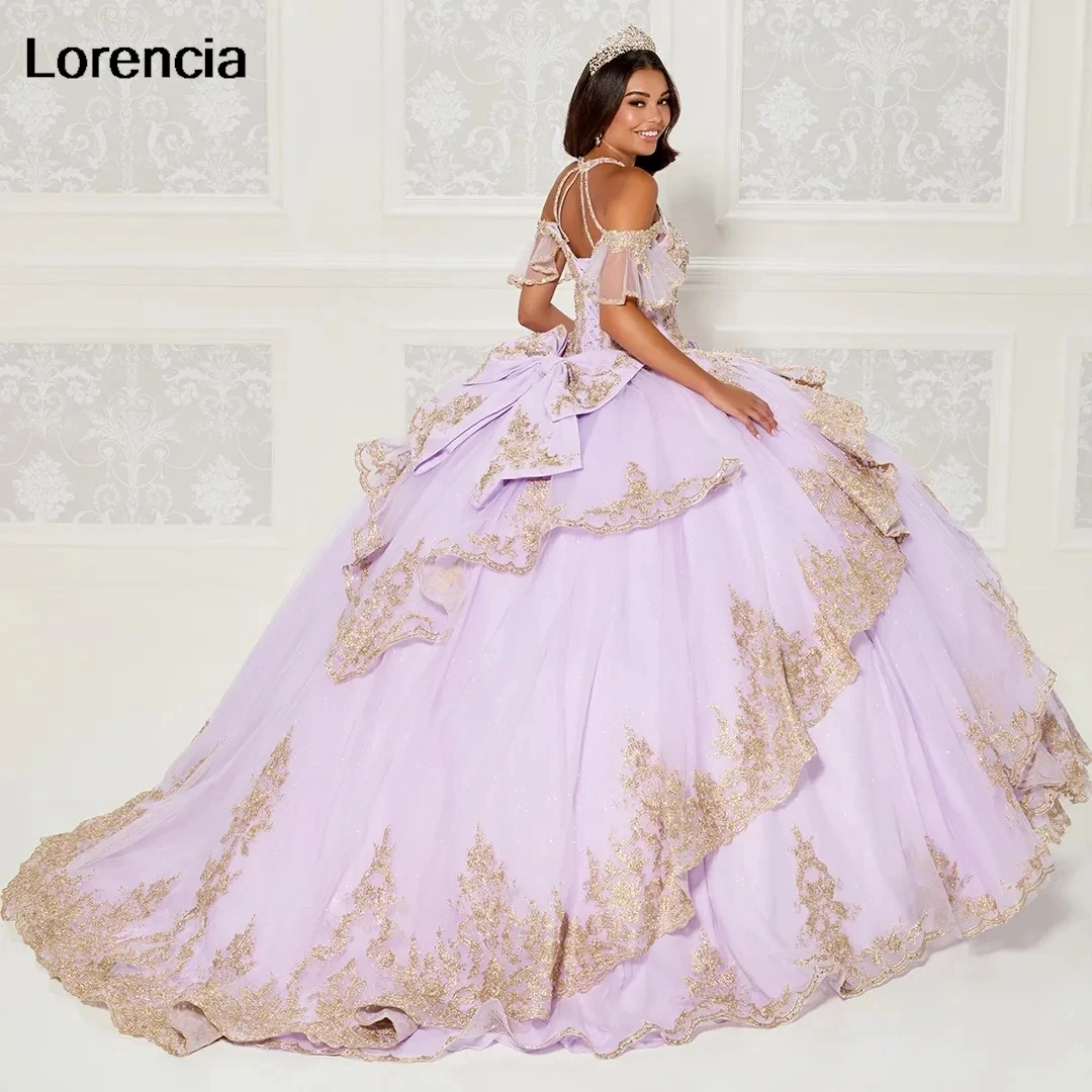 فستان Quinceanera أرجواني مخصص 2024 رسن ذهبي مزين بالدانتيل مطرز بالخرز وكشكشة مشد حلو 16 فيستدوس دي 15 أنيو YQD772