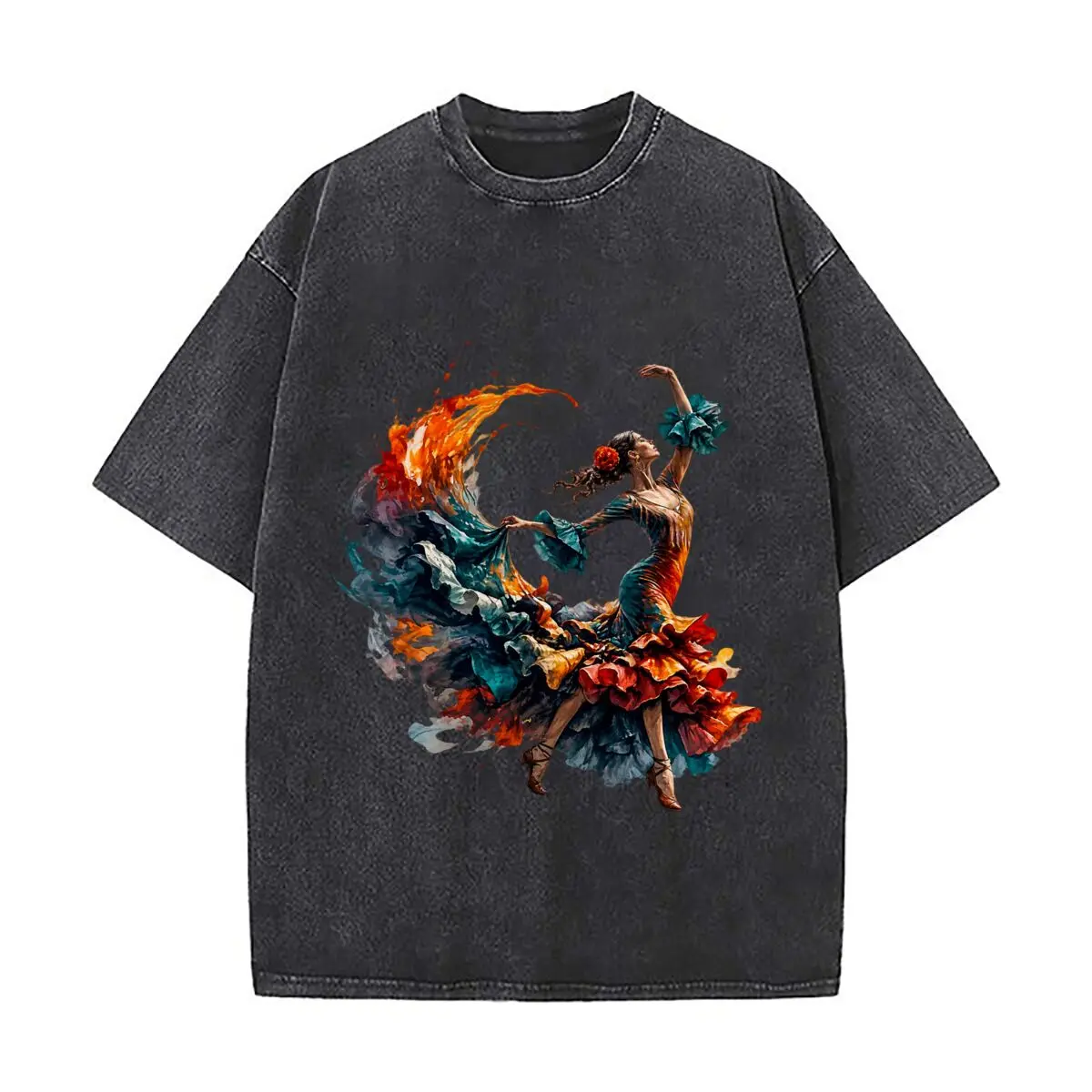 Watercolor Flamenco Dancer Colorful Ruffled Dress Dance Washed Short Sleeve Loose Streetwear Tee Hip Hop