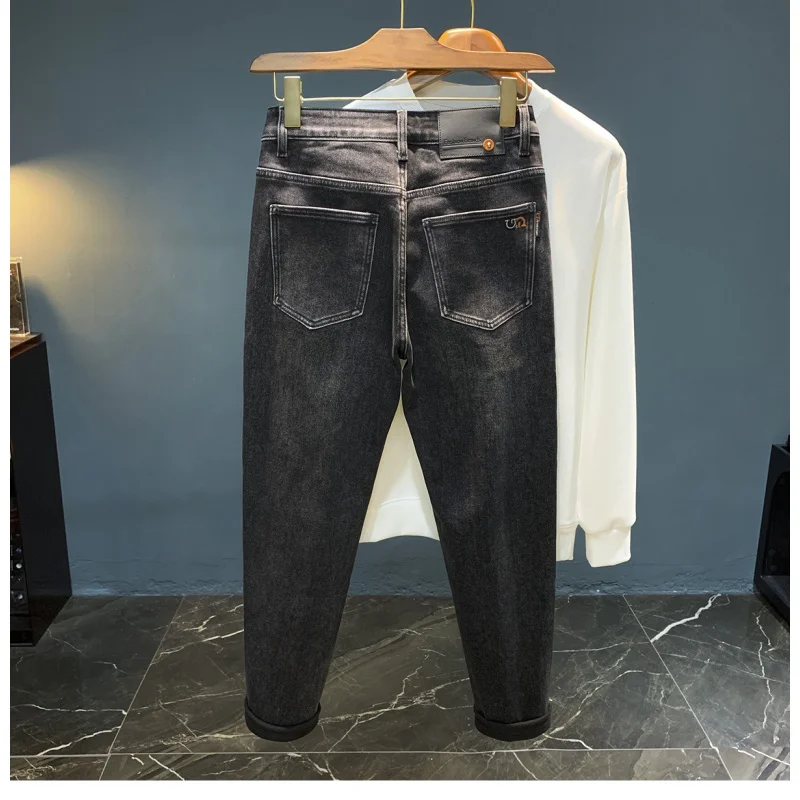 2025 New Plush Thick Jeans for Men's Trendy Versatile Black Grey Casual Warm and Slim fit Small Leg Pants