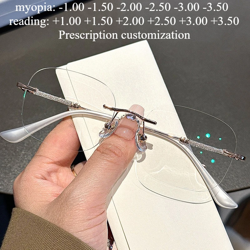 

51mm New Large Frame Fashion Women's Rimless Cut Edge Prescription Glasses Frame Women's Blue Light Blocking Reading Glasses