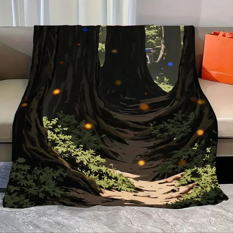 

1pc Flannel Blanket Enchanted Forest Blanket with Glowing Fireflies, Soft Cozy Throw for Couch