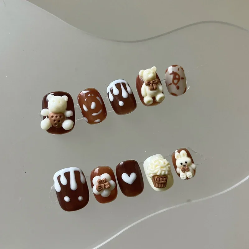 Reusable Handmade 10pcs Press on Nails Brown Bear Kawaii Short Fake Nails Manicure Decoration Wearable Full with Glue For Girls