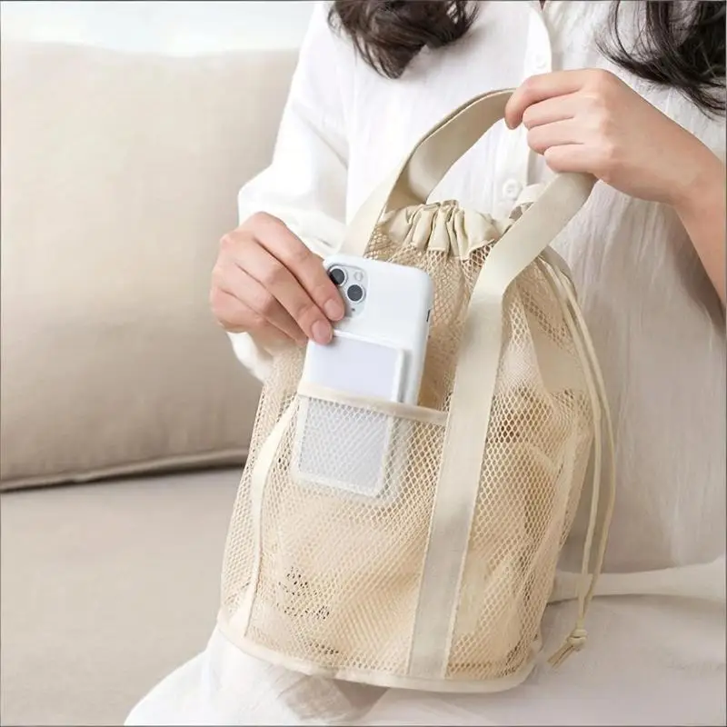 Reise-Kosmetiktasche mit Großer Kapazität aus Netzstoff, Faltbare Casual-Netztasche mit Kordelzug, Seilbündeltasche, Schwimm- und Waschbeutel – Detail 4