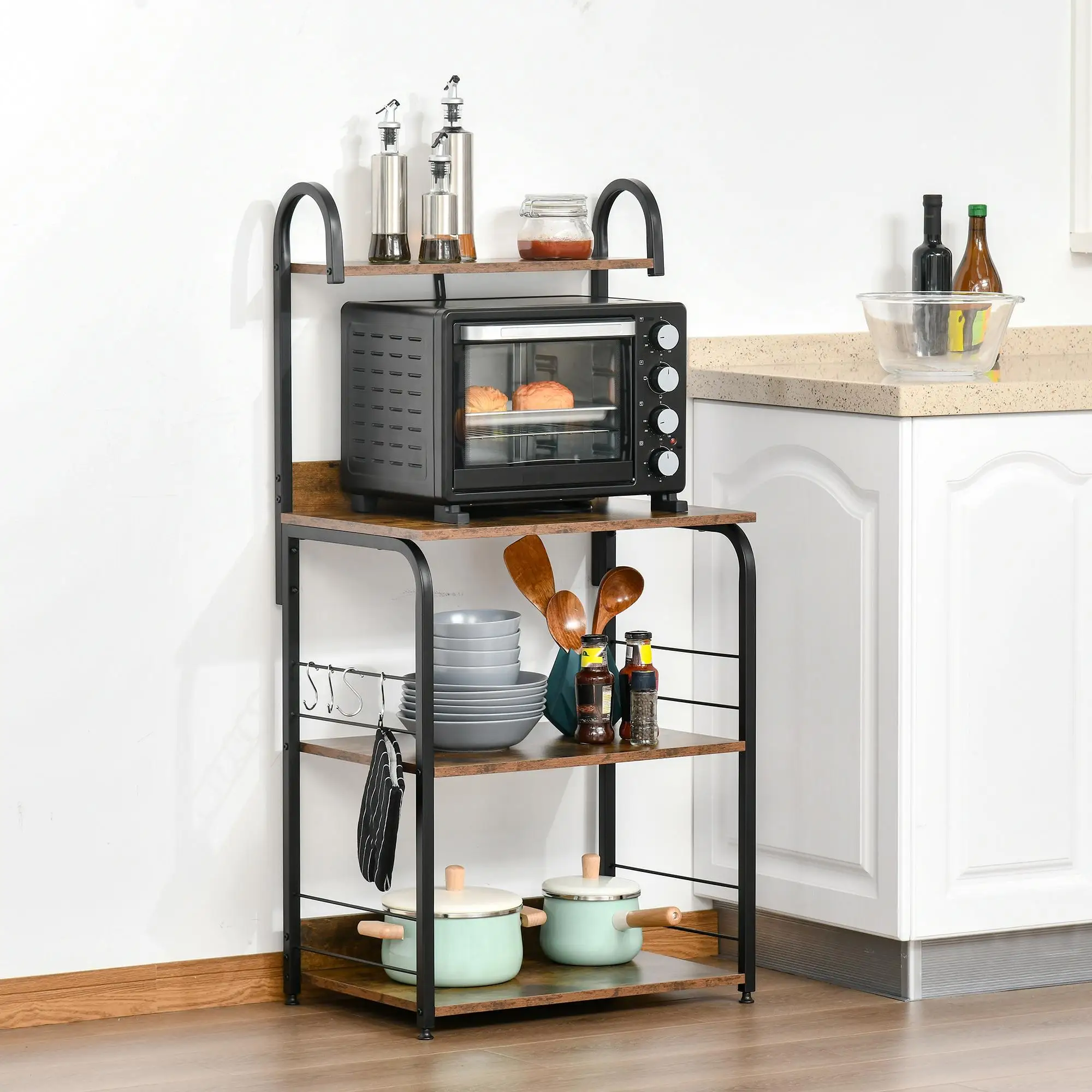 Îlot de cuisine mobile 2-en-1 avec structure métallique, rouge-brun, pour usage domestique