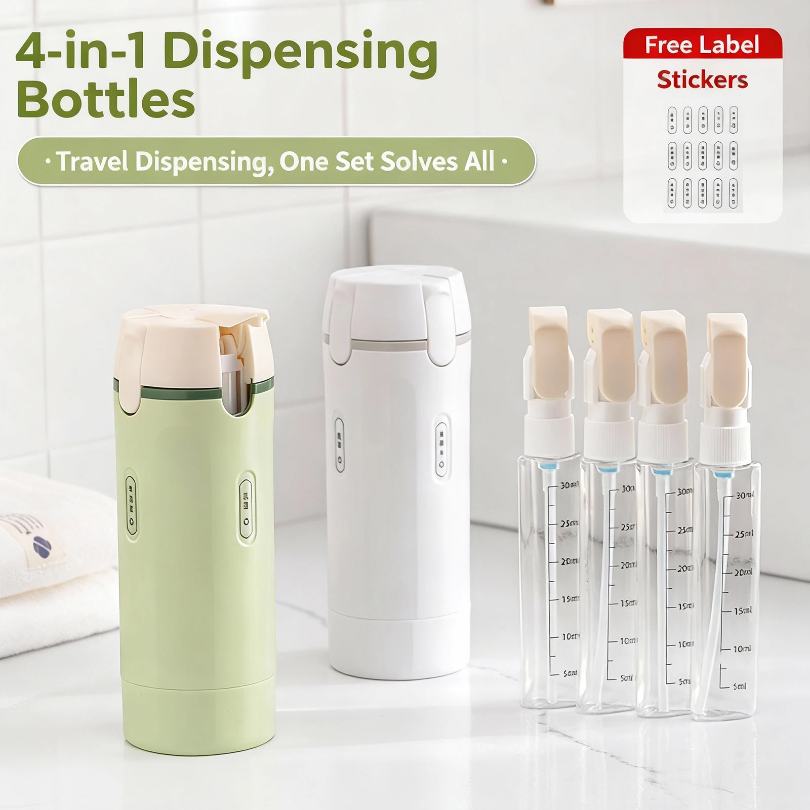 4-in-1 Refillable Bottles, Travel Size Bottles Portable Travel Containers for Lotion and Conditioner 1 set of refillable bottles