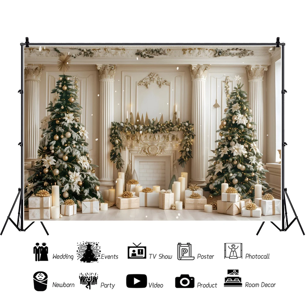 Christmas Palace Fireplace Scene Photography Backdrops Christmas Tree Gifts Adults Kids Portrait Family Party Photo Background