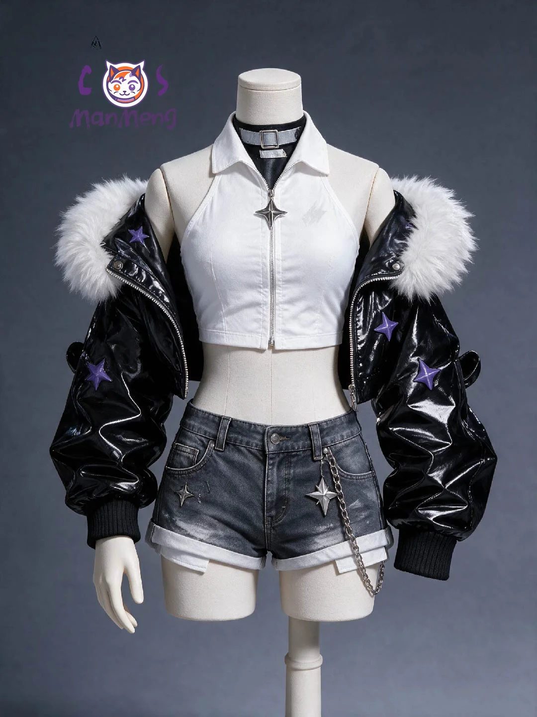 Nijisanji EN Elira Pendora Virtual Idol Cosplay Costume New Outfit Fashion leather coat denim shorts headwear Halloween uniform view 3
